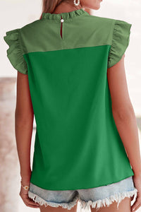 Thumbnail for Ruffled Color Block Round Neck Cap Sleeve Blouse