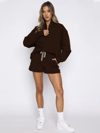 Thumbnail for Women's Solid Color Stand Collar Zipper Pullover Shorts Set