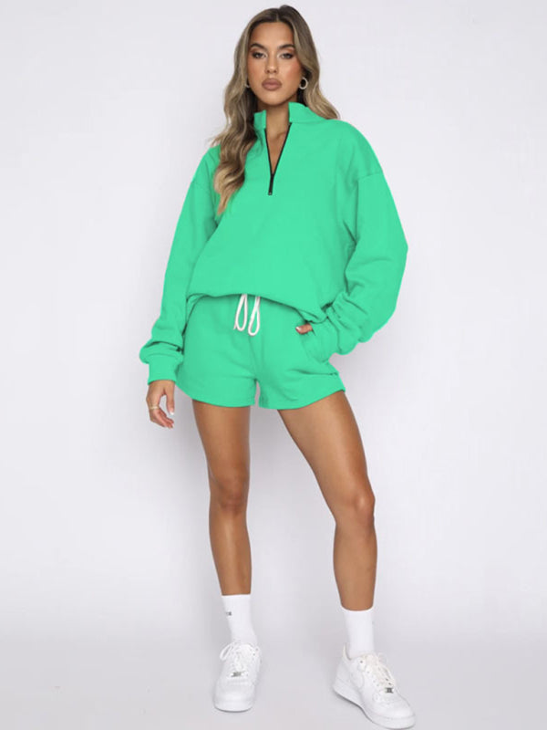 Women's Solid Color Stand Collar Zipper Pullover Shorts Set