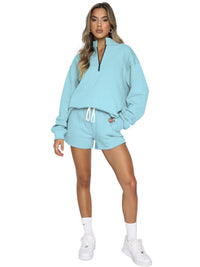 Thumbnail for Women's Solid Color Stand Collar Zipper Pullover Shorts Set